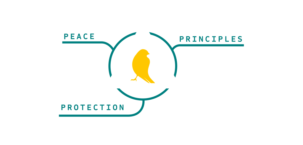 A circle diagram listing the three main motivations of Wary Canary's founders: peace, principles, and protection.